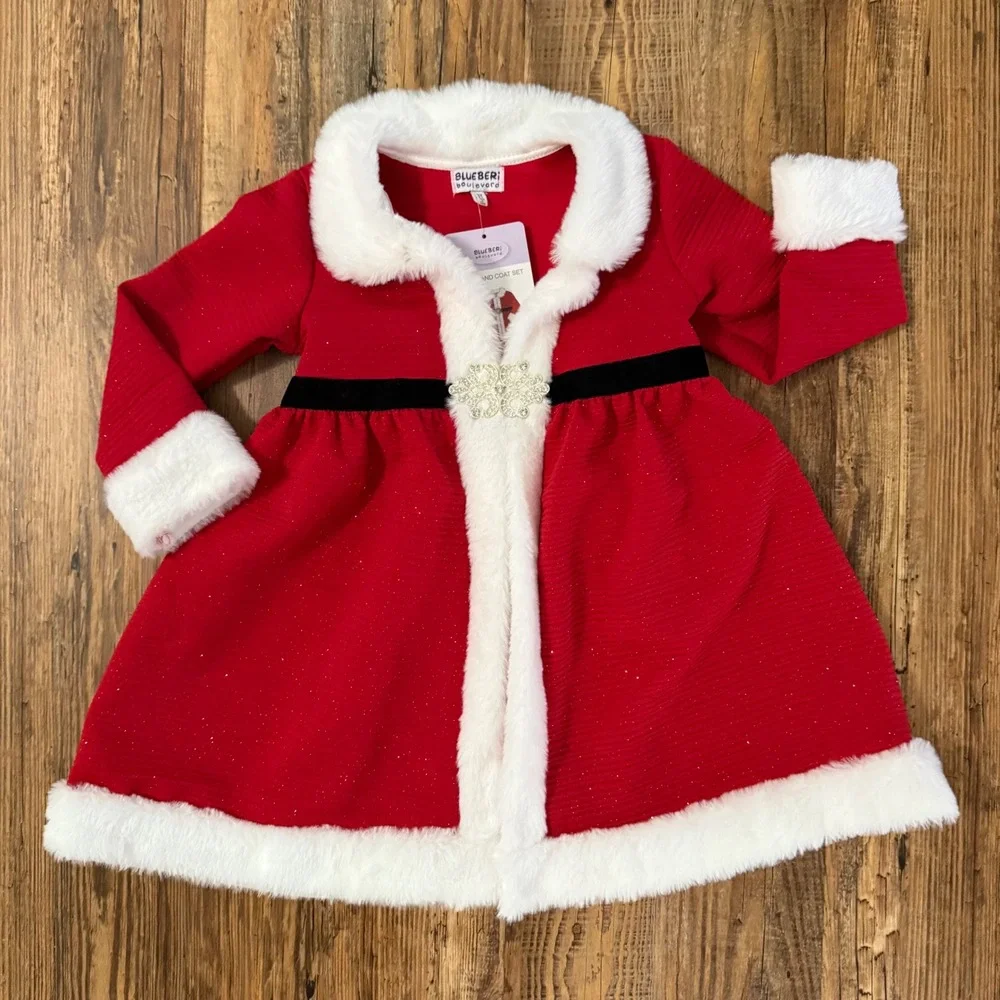 NWT Blueberi Boulevard Dress and Coat Set Toddler Girls 3T Fur Holiday Christmas
